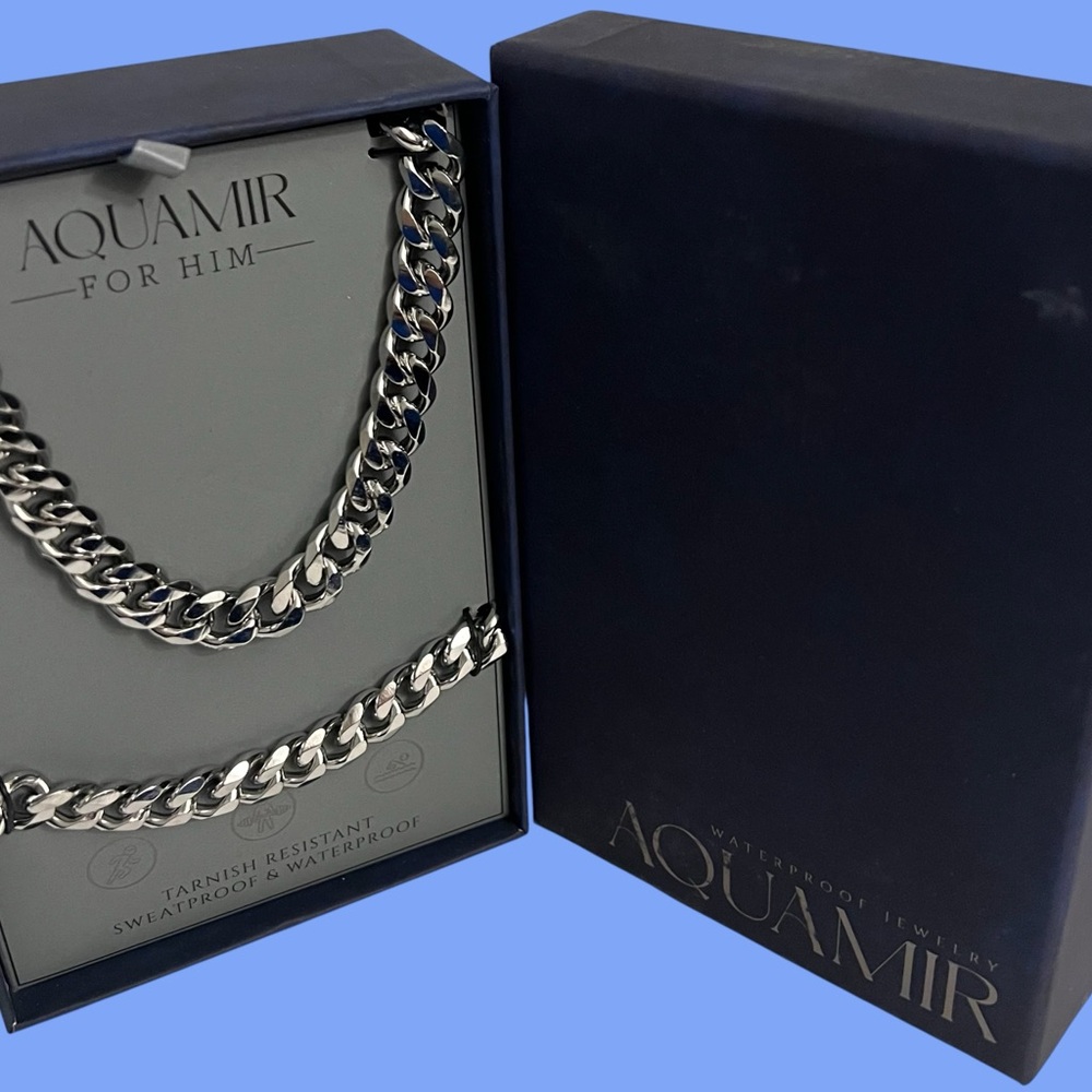 Aqua Silver Chain Necklace & Bracelet set for Men